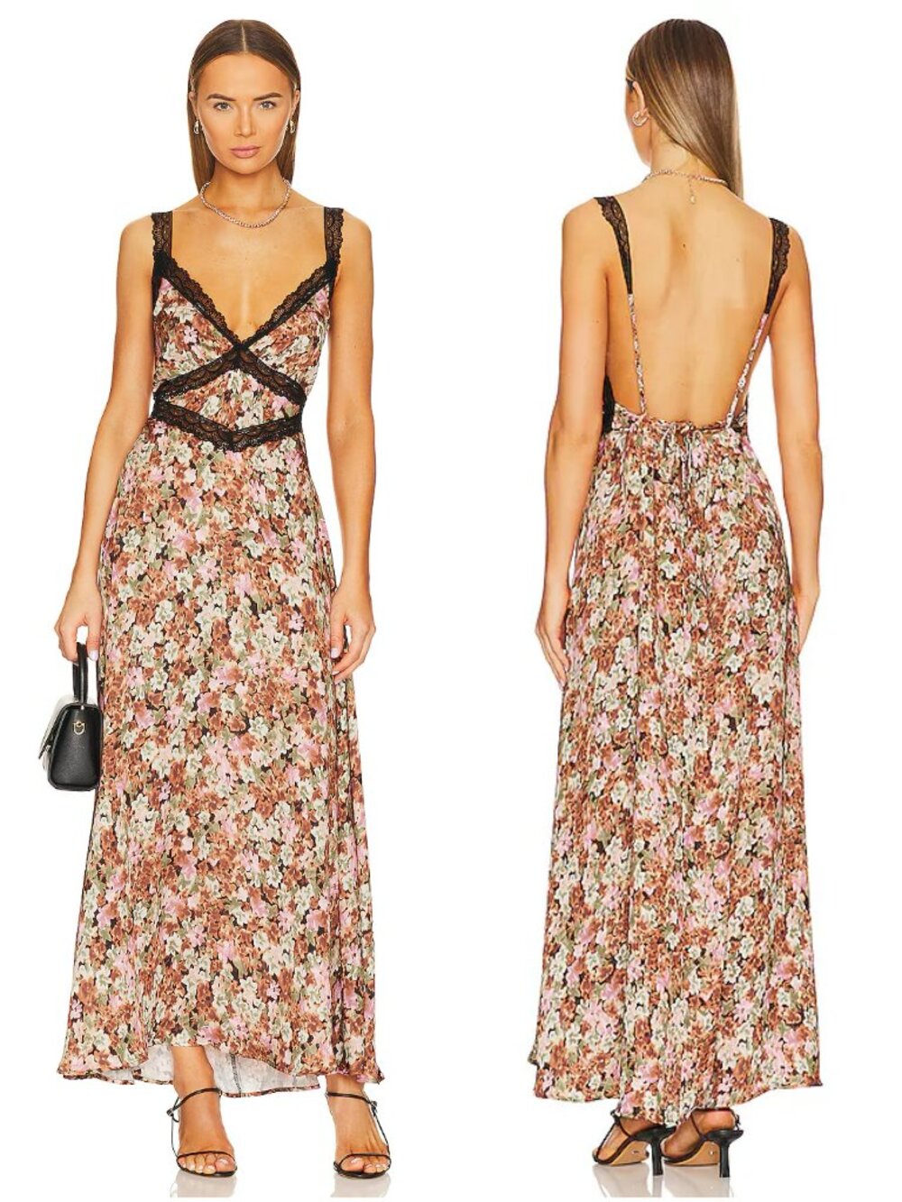 NWT RESA Selena maxi Dress in Brixton Floral Black lace trim S small low back